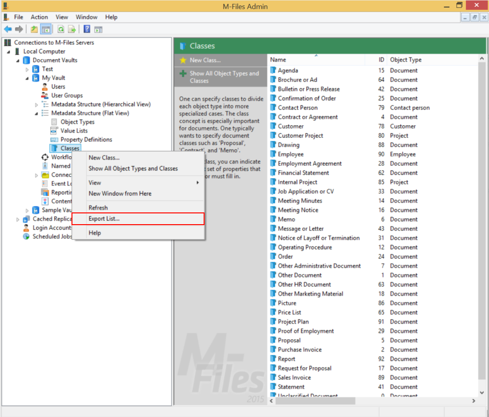 M-Files Screenshot of the Admin Interface 'Export as List...'