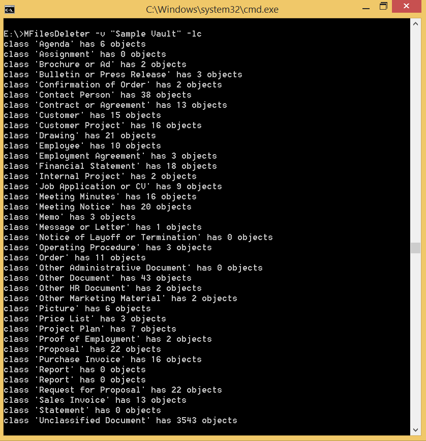 Screenshot of MFilesDeleter listing objects by class name